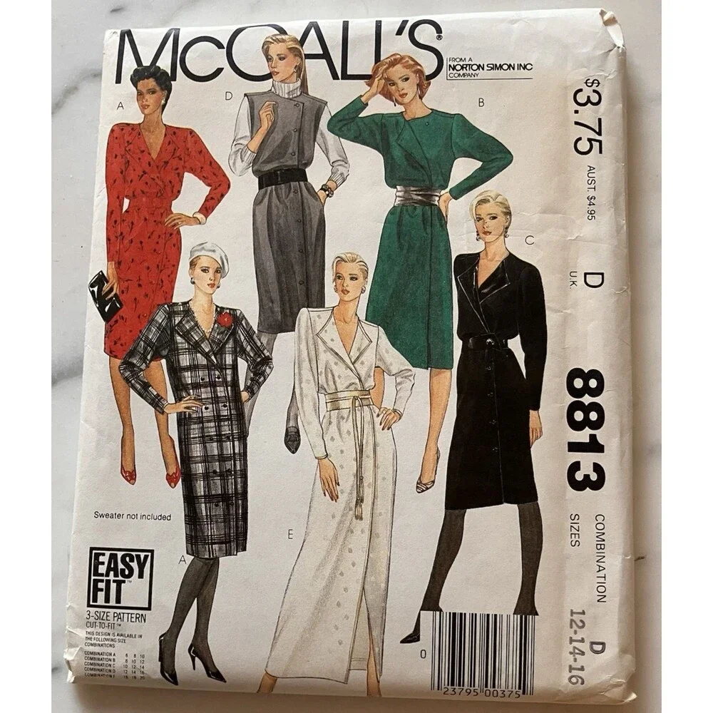 McCall Sewing Pattern 8813 Women’s Dresses Size 12, 14 & 16 Vintage Uncut‎